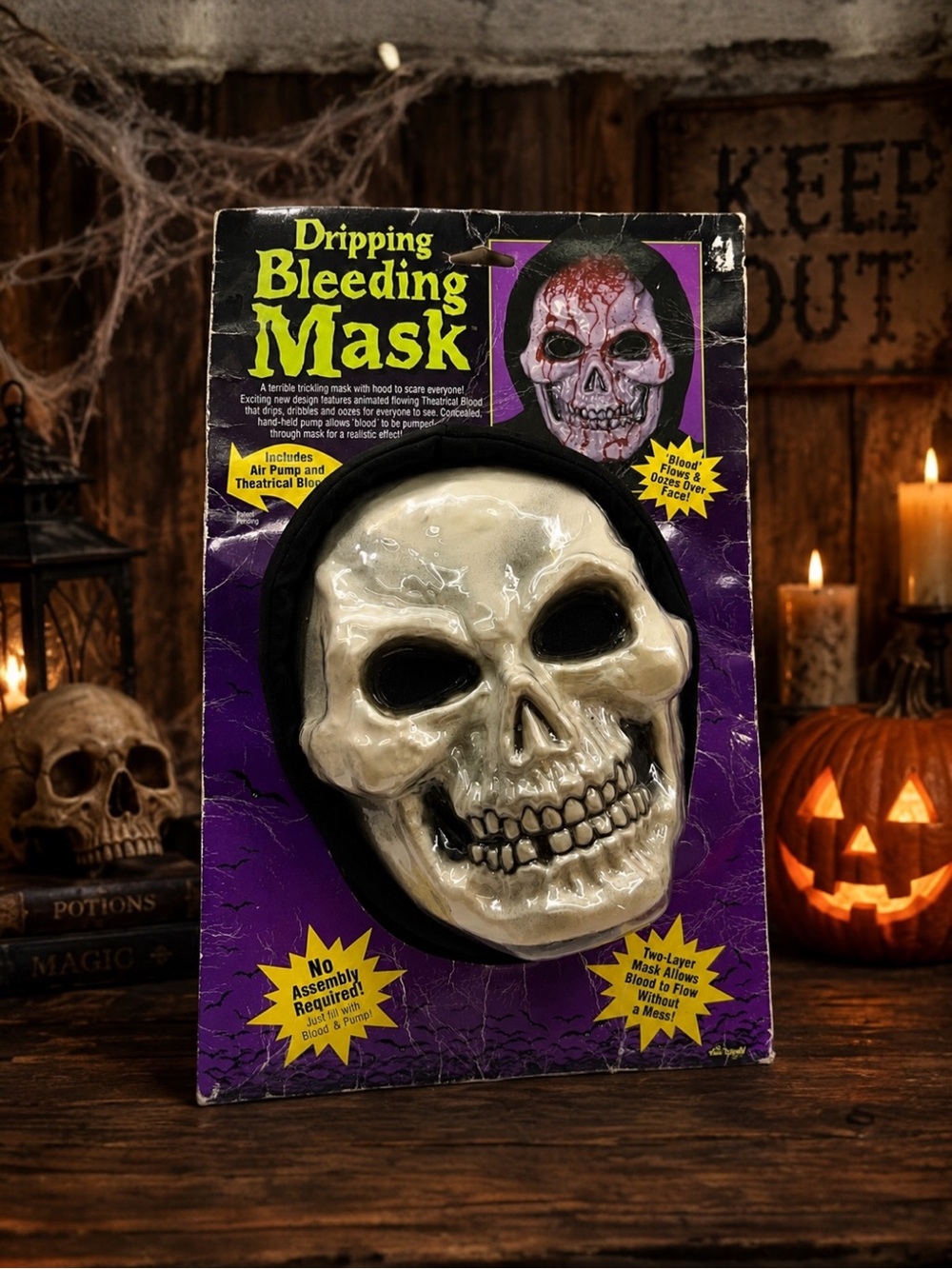 Vtg Fun World Dripping Bleeding Skull Mask Halloween Prop Air Pump Theatrical